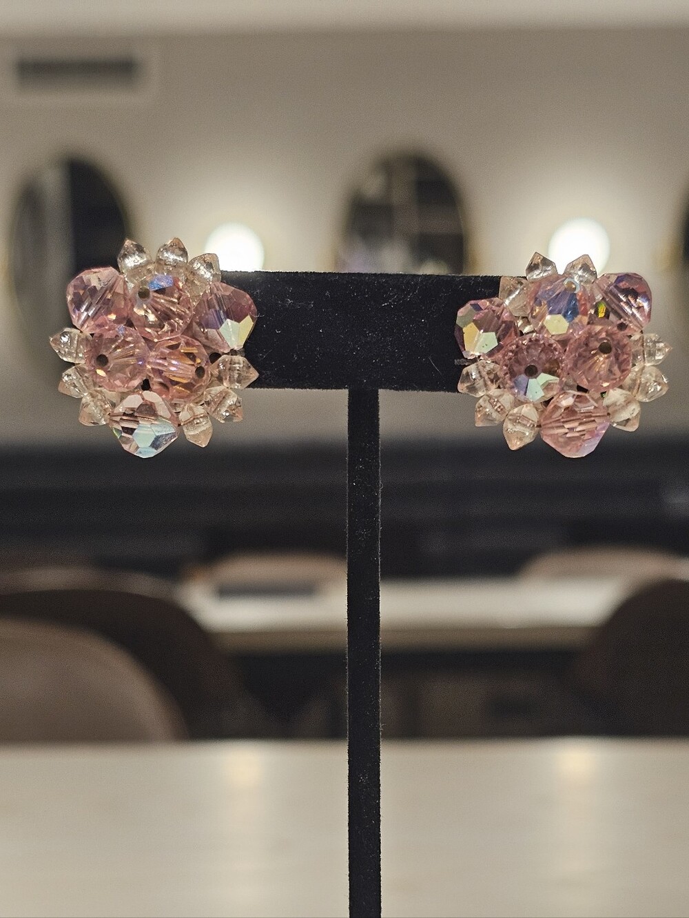 Vintage Pink AB Crystal Cluster Clip On Earrings 1950s